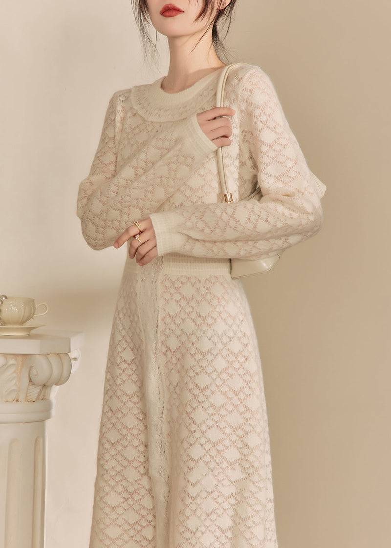 Jacquard Beige O-neck Flattering Knitted Cotton Thread Maxi Dresses Spring