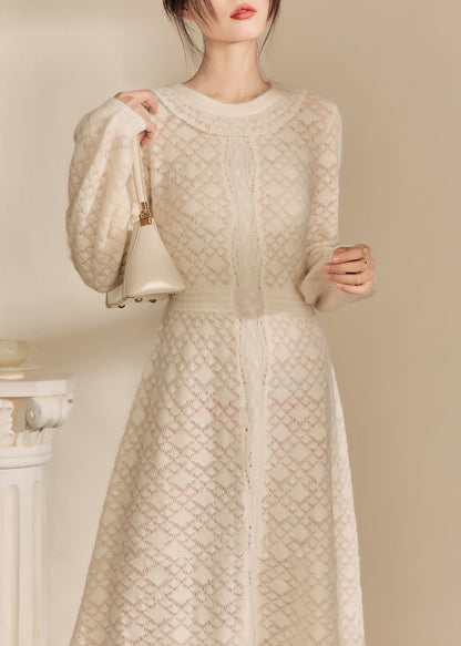 Jacquard Beige O-neck Flattering Knitted Cotton Thread Maxi Dresses Spring