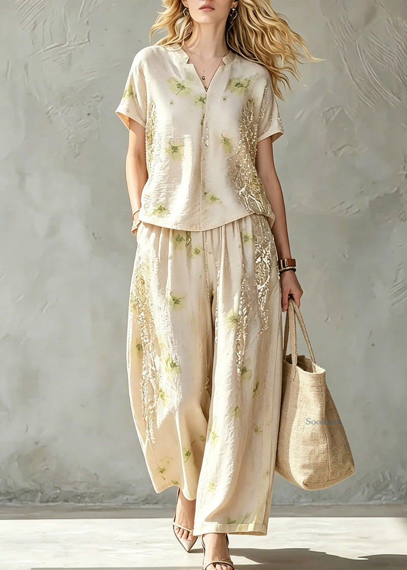 Jacquard Beige Patchwork Silk Tops and Wide Leg Pants Two Piece Set Summer