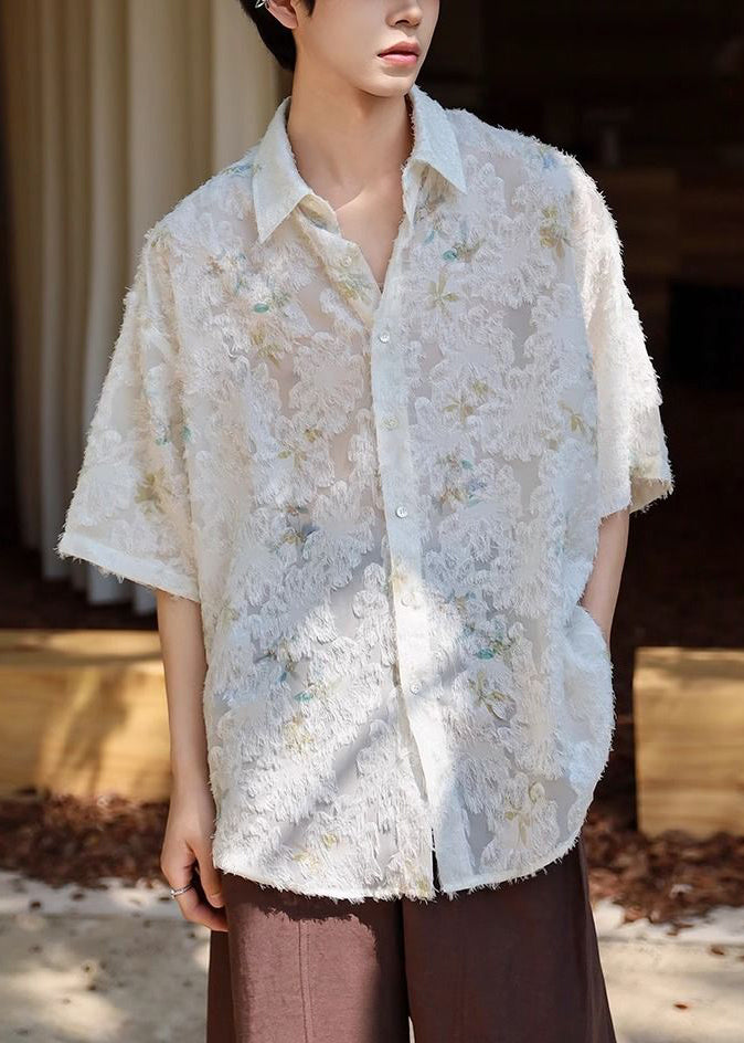 Jacquard Beige Peter Pan Collar Button Ice Silk Shirt Half Sleeve