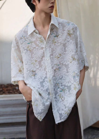 Jacquard Beige Peter Pan Collar Button Ice Silk Shirt Half Sleeve