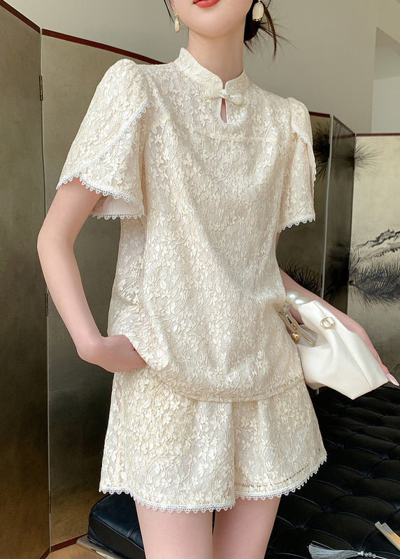 Jacquard Beige Stand Collar Lace Patchwork Chiffon Shirts and Shorts Two Pieces Set Summer