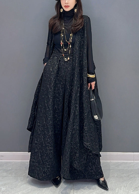 Jacquard Black Asymmetrical Patchwork Waistcoat and Pants Cotton Two Pieces Set Sleeveless