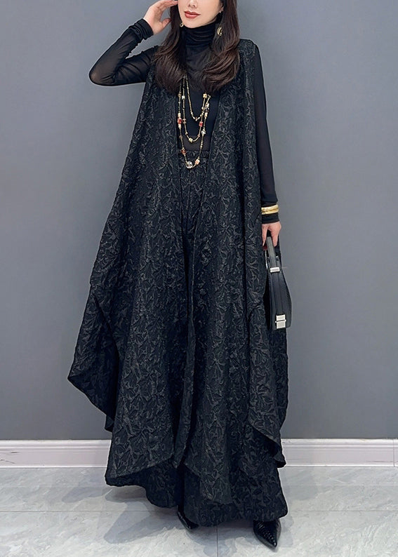 Jacquard Black Asymmetrical Patchwork Waistcoat and Pants Cotton Two Pieces Set Sleeveless
