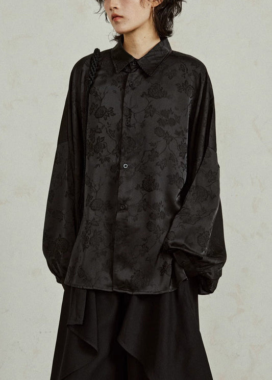 Jacquard Black Button Solid Silk Shirts Fall