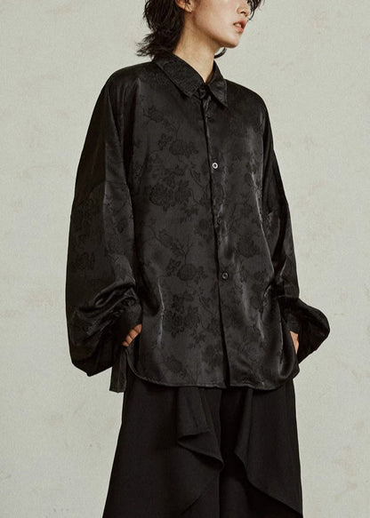 Jacquard Black Button Solid Silk Shirts Fall