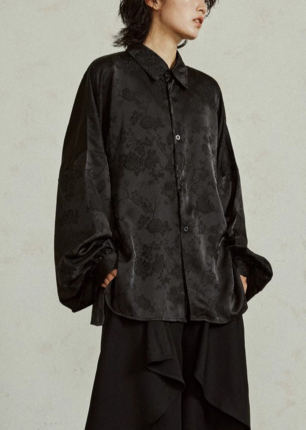 Jacquard Black Button Silk Shirts Fall