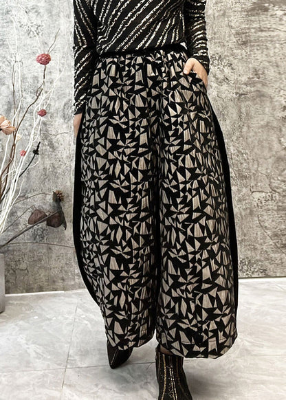 Jacquard Black Elastic Waist Crop Wide Leg Pants Spring