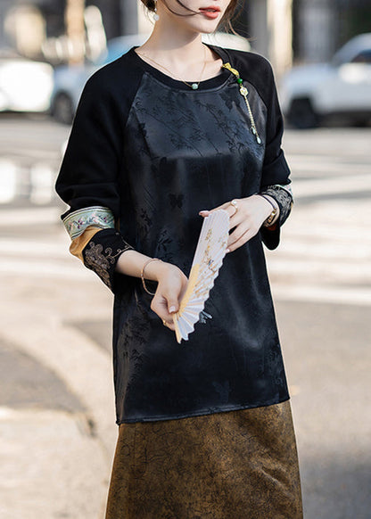 Jacquard Black Embroidered Patchwork Silk Shirt Fall