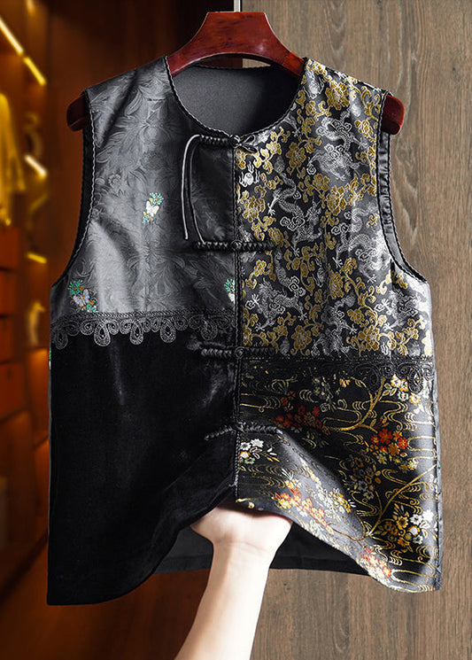 Jacquard Black Embroidered Button Patchwork Silk Velour Waistcoat Fall