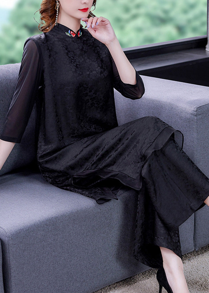 Jacquard Black Embroideried Silk Top and Wide Leg Pants Two Pieces Set Summer