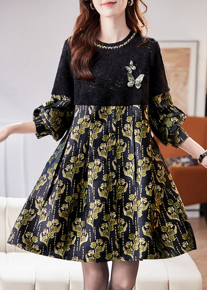 Jacquard Black Hollow Out Sequins Patchwork Mid Dress Spring