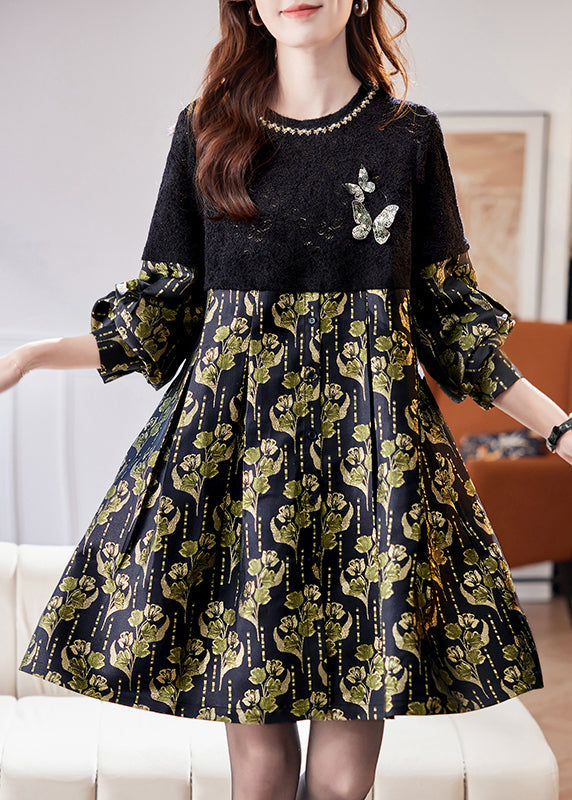 Jacquard Black Hollow Out Sequins Patchwork Mid Dress Spring