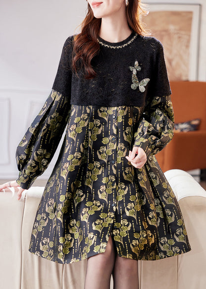 Jacquard Black Hollow Out Sequins Patchwork Mid Dress Spring