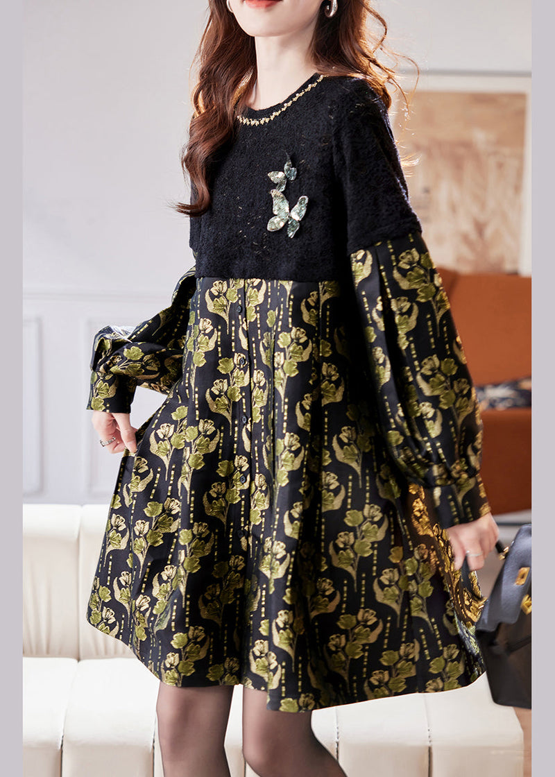 Jacquard Black Hollow Out Sequins Patchwork Mid Dress Spring