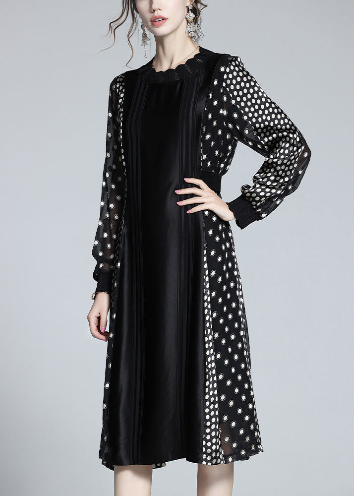 Jacquard Black O-neck Patchwork Dot Party Long Dress Long Sleeve