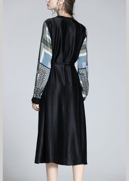 Jacquard Black O-neck Patchwork Dot Party Long Dress Long Sleeve