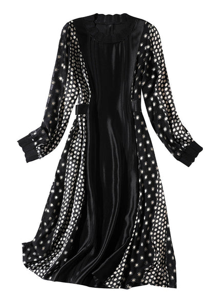 Jacquard Black O-neck Patchwork Dot Party Long Dress Long Sleeve