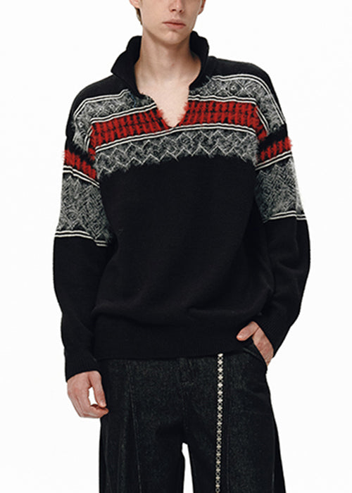 Jacquard Black Peter Pan Collar Patchwork Knit Sweater Winter