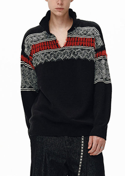 Jacquard Black Peter Pan Collar Patchwork Knit Sweater Winter