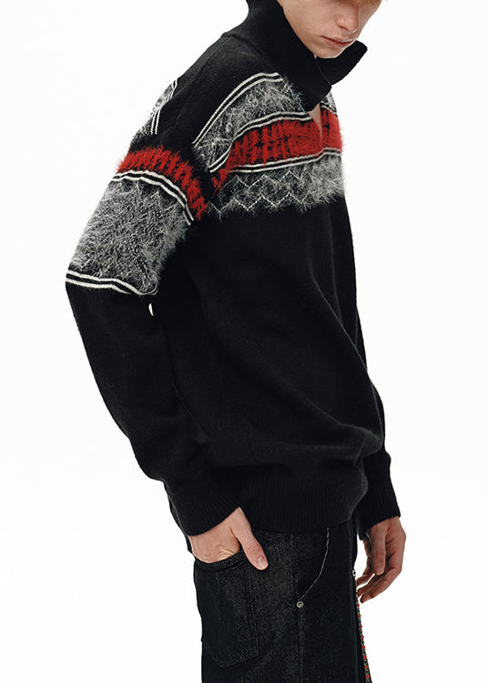 Jacquard Black Peter Pan Collar Patchwork Knit Sweater Winter