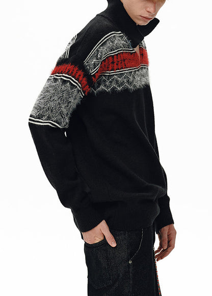 Jacquard Black Peter Pan Collar Patchwork Knit Sweater Winter