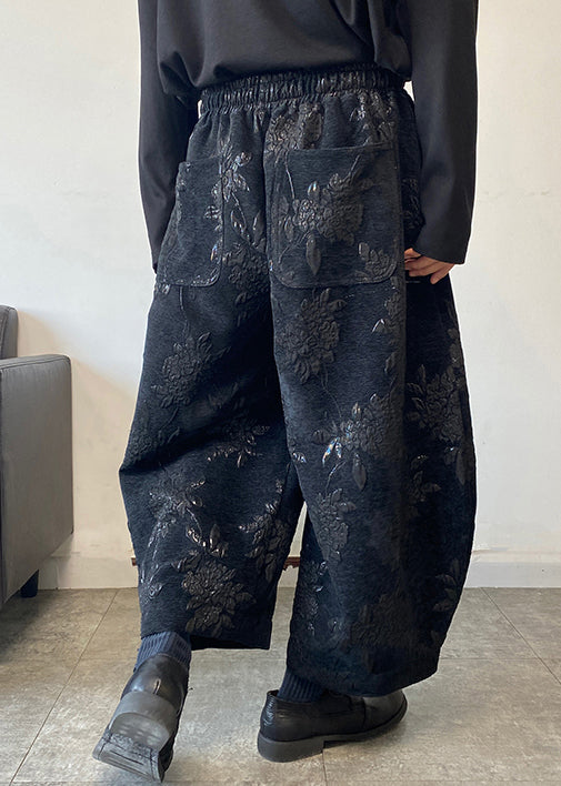Jacquard Black Pockets Elastic Waist Crop Pants Spring