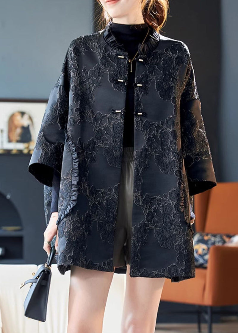 Jacquard Black Ruffled Button Pockets Silk Coats Bracelet Sleeve