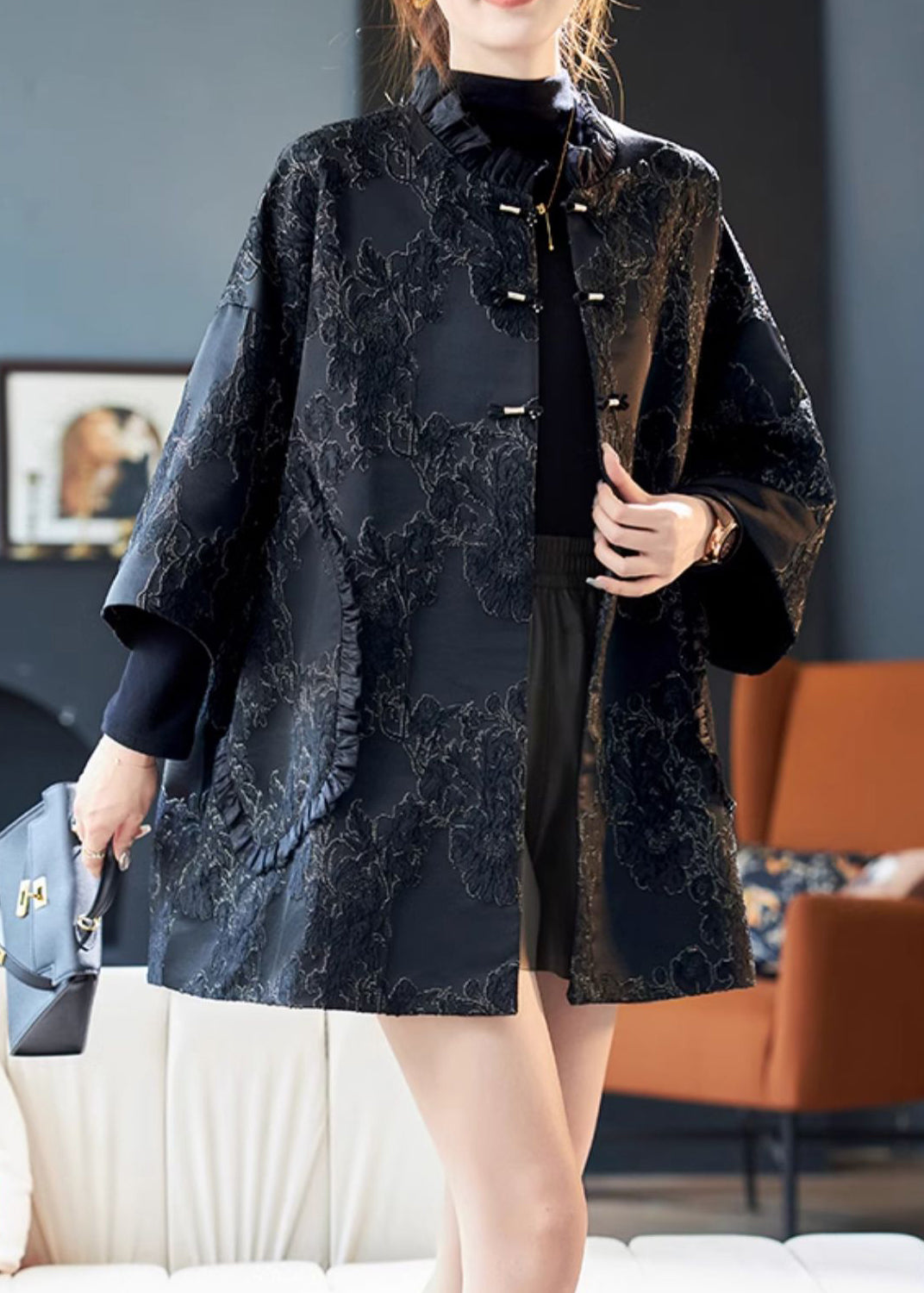 Jacquard Black Ruffled Button Pockets Silk Coats Bracelet Sleeve