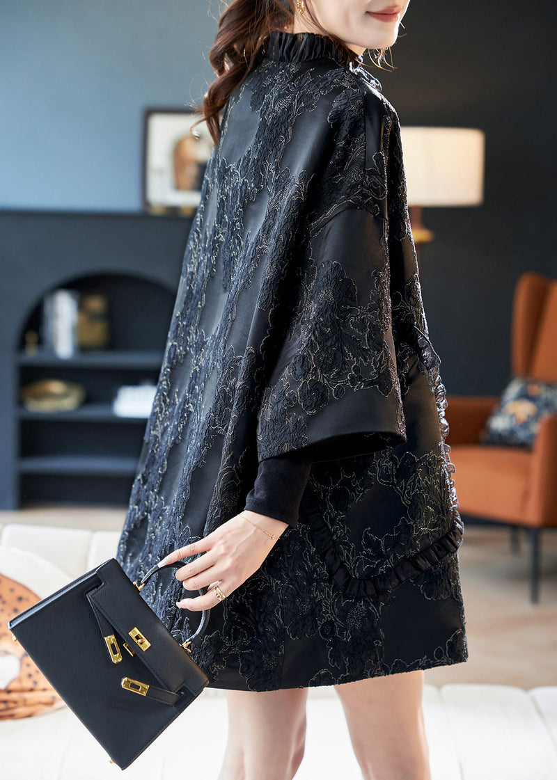 Jacquard Black Ruffled Button Pockets Silk Coats Bracelet Sleeve