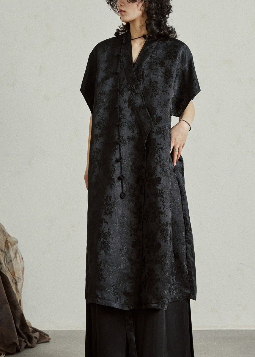 Jacquard Black Tie Waist Silk Maxi Dress Summer