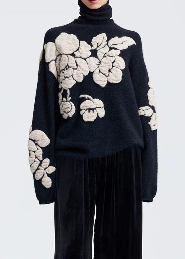 Jacquard Black Turtleneck Wool Knit Sweaters Winter