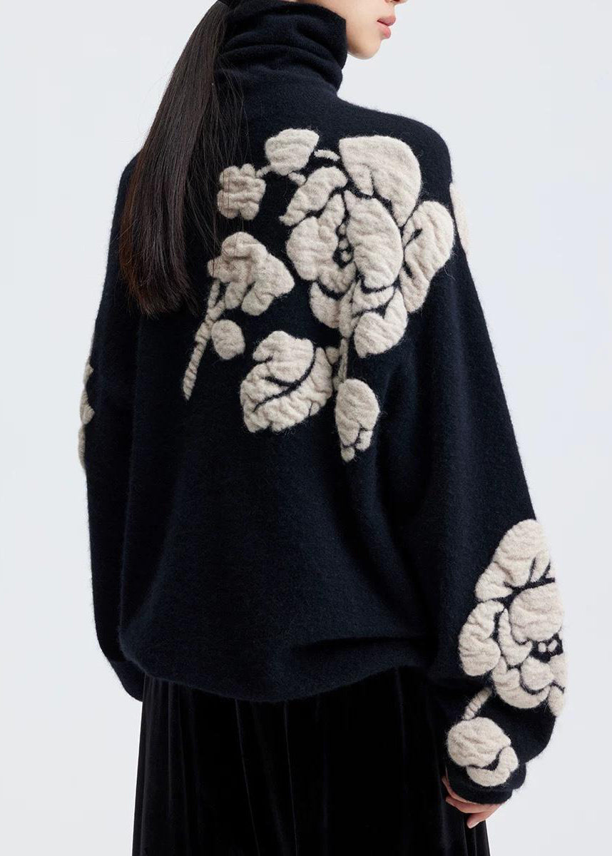Jacquard Black Turtleneck Wool Knit Sweaters Winter