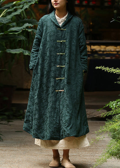 Jacquard Blackish Green Button Pockets Warm Fleece Long Coat Winter
