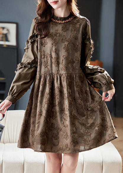 Jacquard Blackish Green O Neck Ruffled Patchwork Cotton Dress Spring