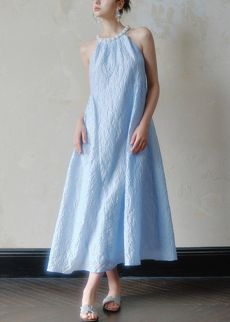 Jacquard Blue Halter Beading Maxi Dress Summer