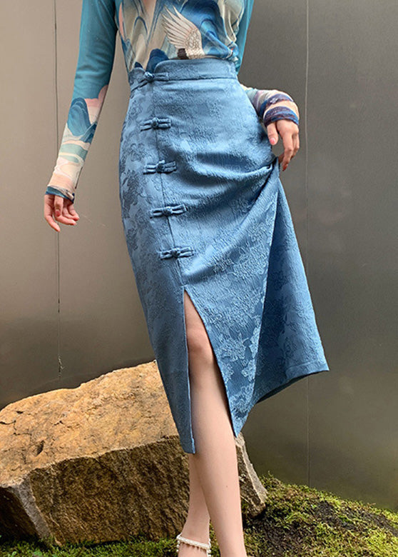 Jacquard Blue High Waist Button a Line Skirts Spring