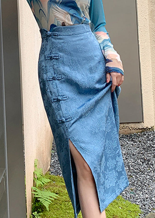 Jacquard Blue High Waist Button a Line Skirts Spring