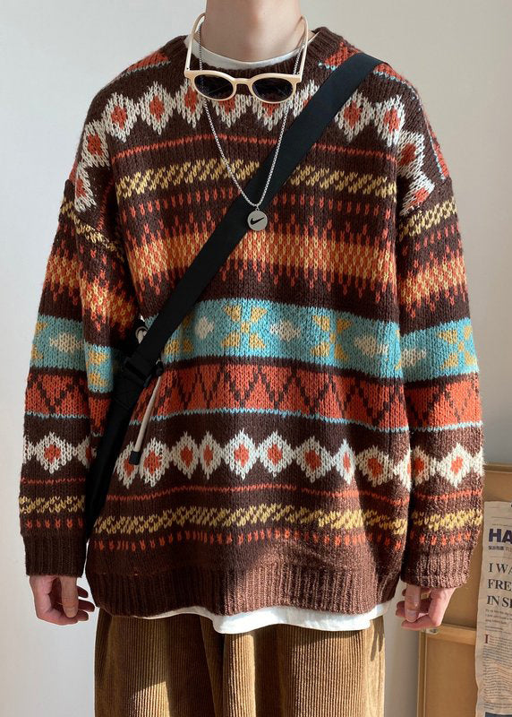 Jacquard Blue O Neck Cozy Knit Sweaters Fall