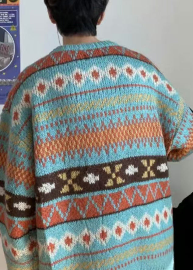 Jacquard Blue O Neck Cozy Knit Sweaters Fall