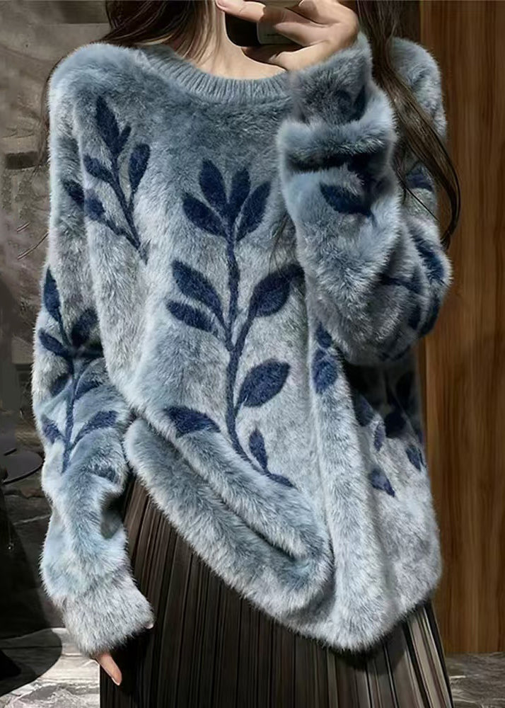 Jacquard Blue O-neck Cozy Mink Hair Knitted Sweater Spring