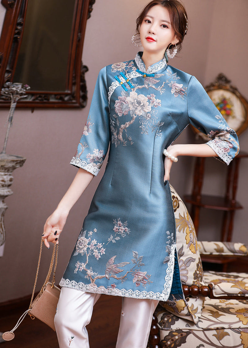 Jacquard Blue Stand Collar Side Open Button Satin Cheongsam Mid Dress Long Sleeve