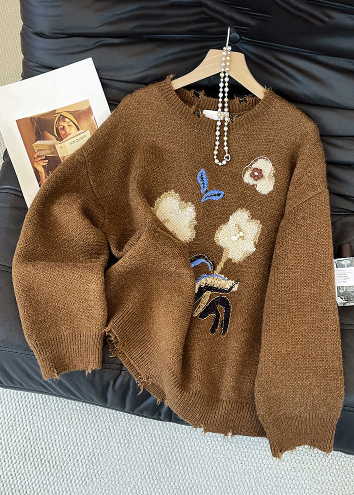 Jacquard Brown Hole Cozy Knit Sweater Winter