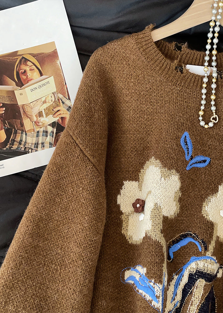 Jacquard Brown Hole Cozy Knit Sweater Winter