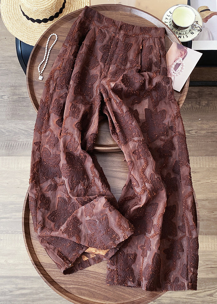 Jacquard Brown Zippered High Waist Cotton Pants Spring