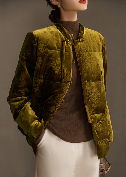Jacquard Button Patchwork Silk Velour Down Cotton Coat Winter