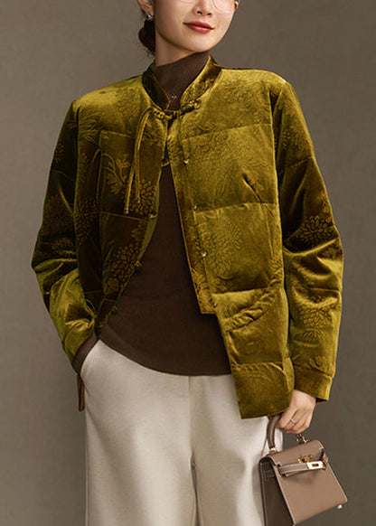 Jacquard Button Patchwork Silk Velour Down Cotton Coat Winter