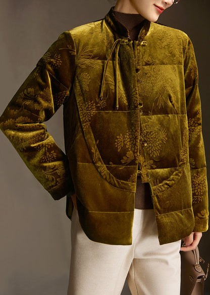 Jacquard Button Patchwork Silk Velour Down Cotton Coat Winter