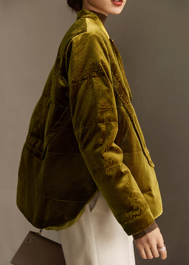 Jacquard Button Patchwork Silk Velour Down Cotton Coat Winter