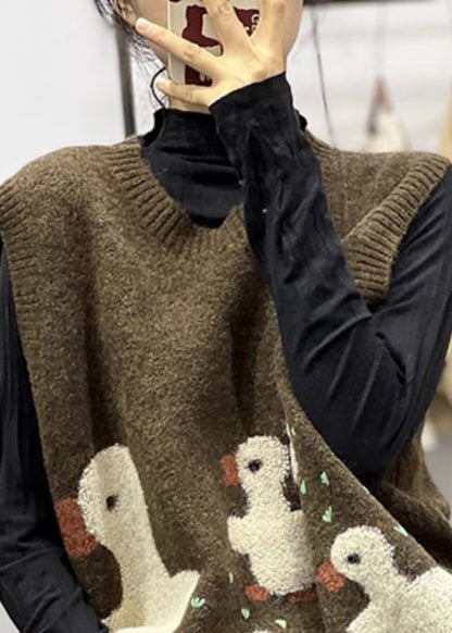 Jacquard Chocolate O-neck Cozy Cotton Knit Waistcoat Sleeveless